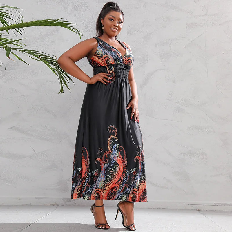Effortlessly Stylish Urban Boho Beach Maxi Dress for Plus Sizes-Black Paisley-2XL-State of Style