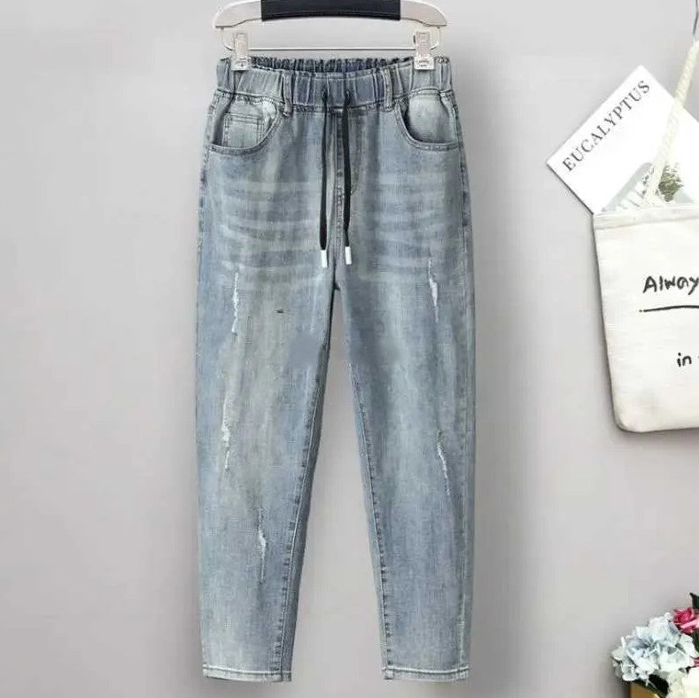Elastic High-Waisted Plus Size Baggy Jeans-Blue 1-XL-State of Style