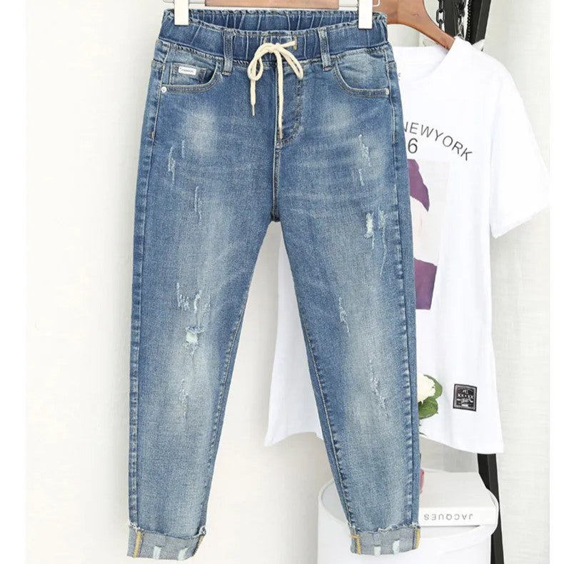 Elastic High-Waisted Plus Size Baggy Jeans-Light Blue-XL-State of Style