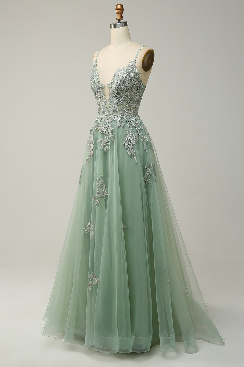 Elegant A-line Gown with Spaghetti Straps and Lace-up Back - Julia-Dark Green-4-State of Style
