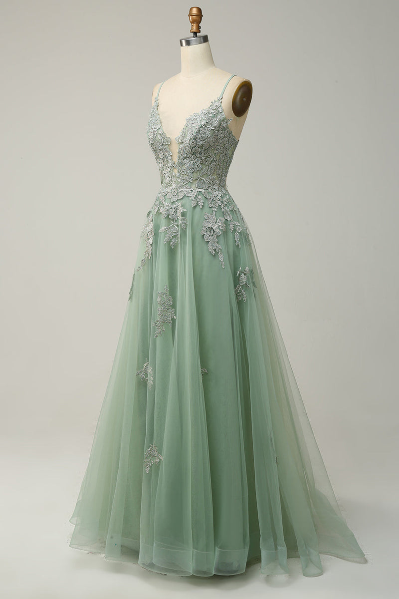 Elegant A-line Gown with Spaghetti Straps and Lace-up Back - Julia-Dark Green-4-State of Style