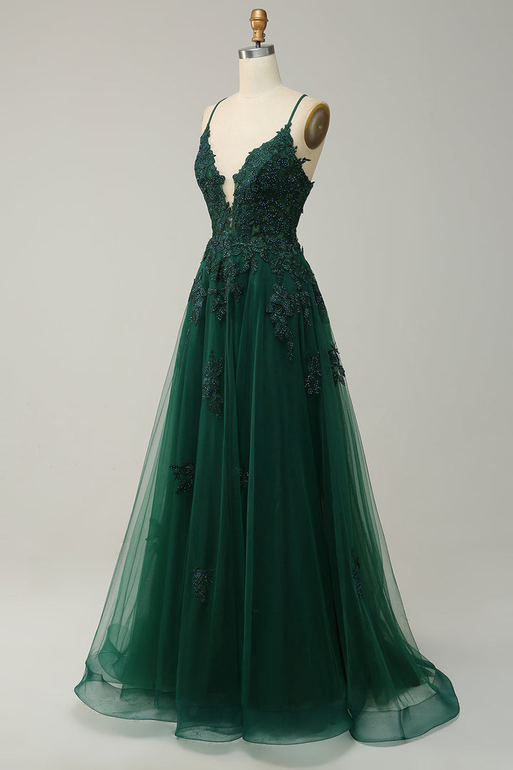 Elegant A-line Gown with Spaghetti Straps and Lace-up Back - Julia-Dark Green-4-State of Style