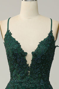 Elegant A-line Gown with Spaghetti Straps and Lace-up Back - Julia-Dark Green-4-State of Style