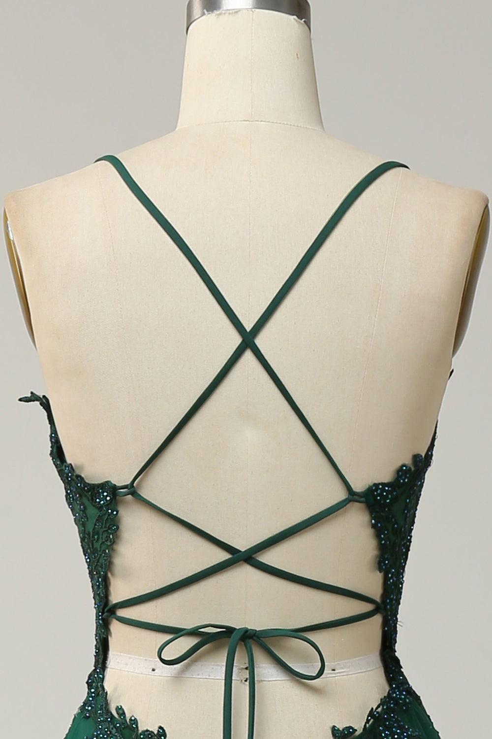 Elegant A-line Gown with Spaghetti Straps and Lace-up Back - Julia-Dark Green-4-State of Style
