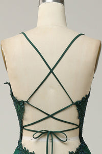 Elegant A-line Gown with Spaghetti Straps and Lace-up Back - Julia-Dark Green-4-State of Style