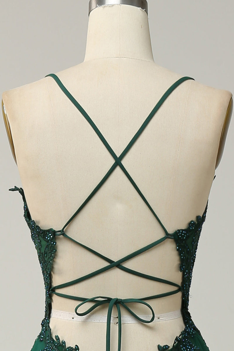 Elegant A-line Gown with Spaghetti Straps and Lace-up Back - Julia-Dark Green-4-State of Style