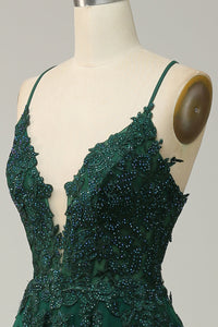 Elegant A-line Gown with Spaghetti Straps and Lace-up Back - Julia-Dark Green-4-State of Style