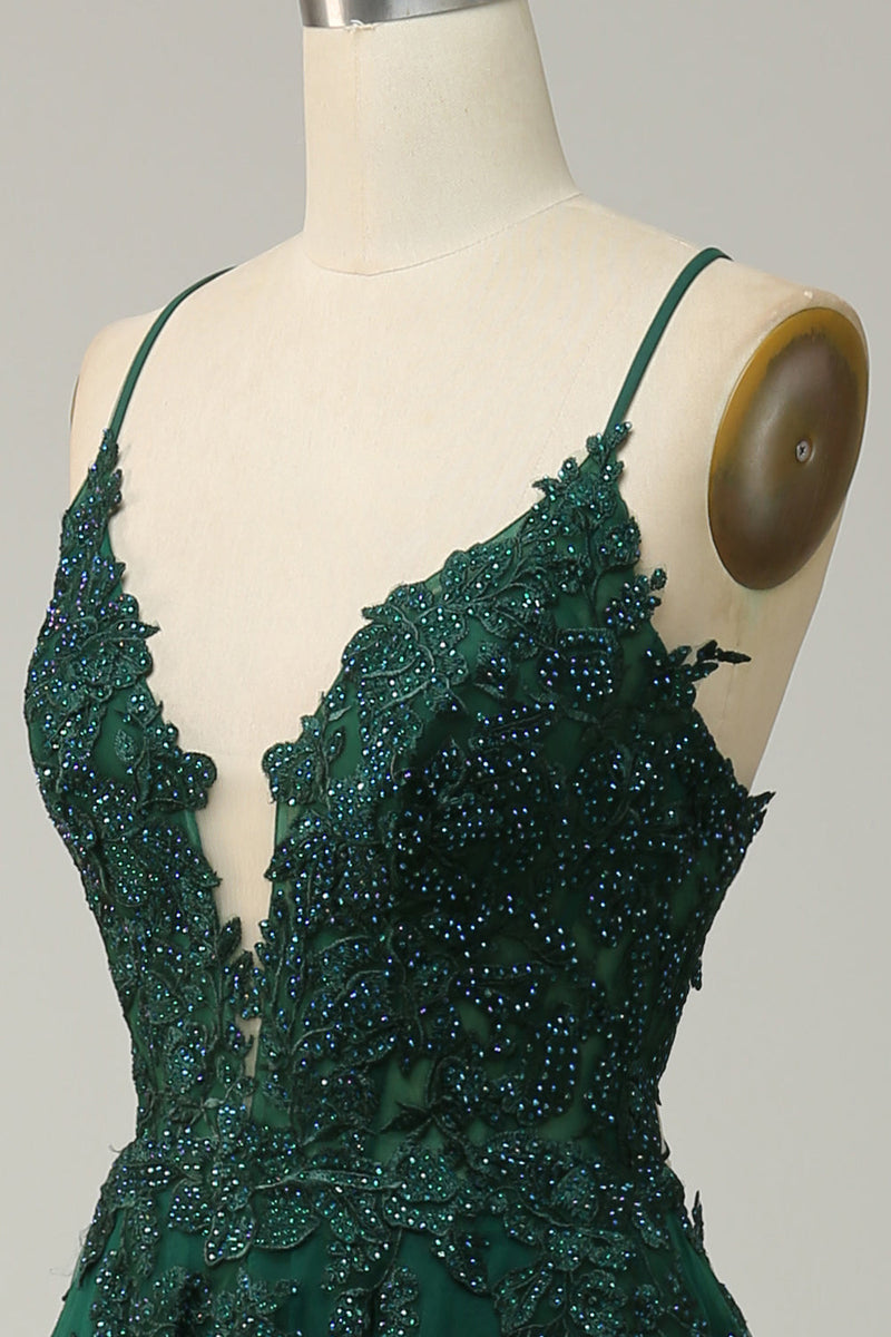 Elegant A-line Gown with Spaghetti Straps and Lace-up Back - Julia-Dark Green-4-State of Style