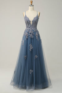 Elegant A-line Gown with Spaghetti Straps and Lace-up Back - Julia-Grey Blue-4-State of Style