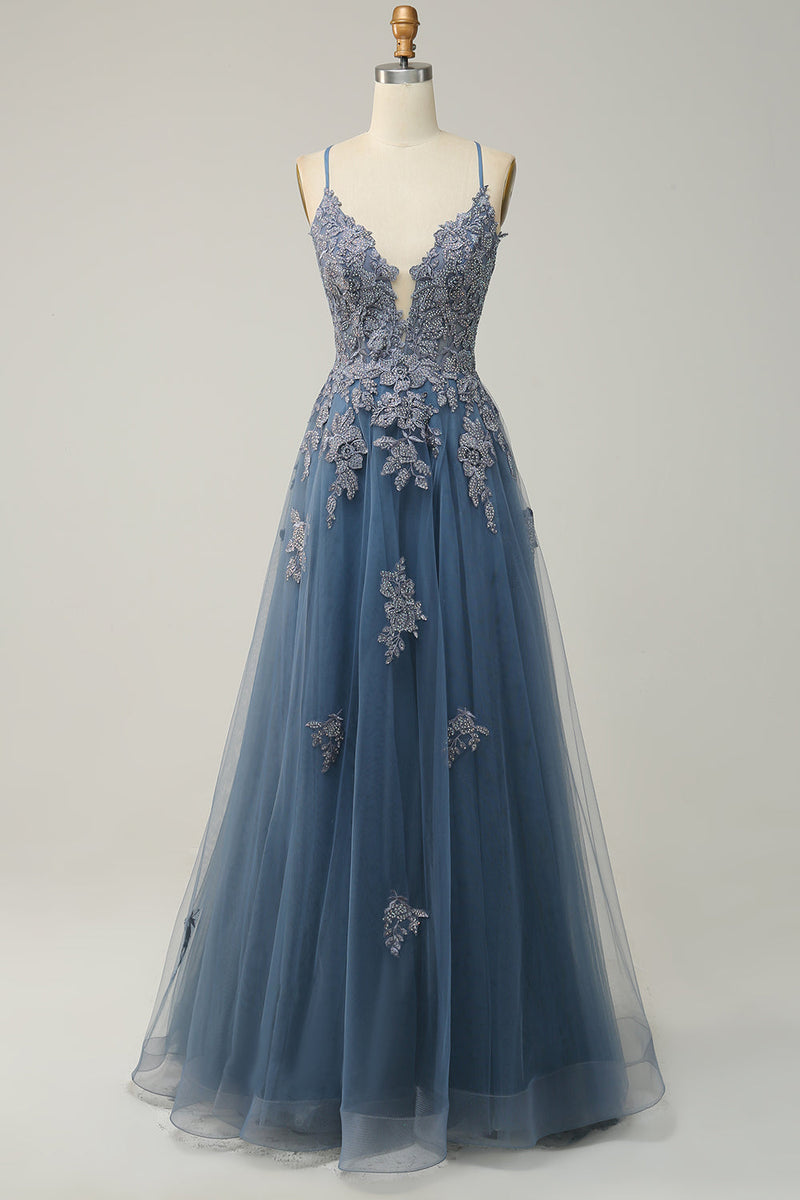 Elegant A-line Gown with Spaghetti Straps and Lace-up Back - Julia-Grey Blue-4-State of Style