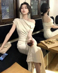 Elegant bodycon maxi dress with off-shoulder – Valentina-Beige-S-State of Style
