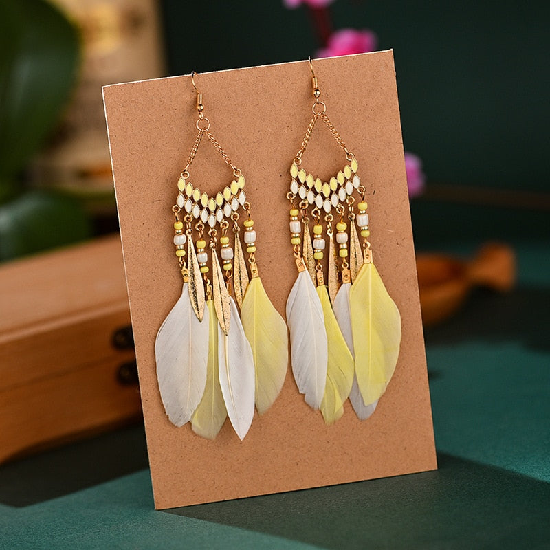 Elegant Feather Earrings | Long Dangle Jewellery for Women-White yellow-State of Style