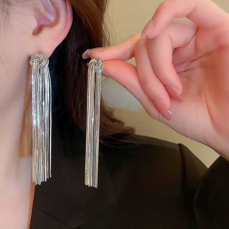 Elegant Knot Long Tassel Earrings-SILVER-State of Style