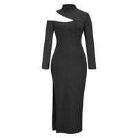 Elegant Long-Sleeve Split Dress for Women-Black-S-State of Style
