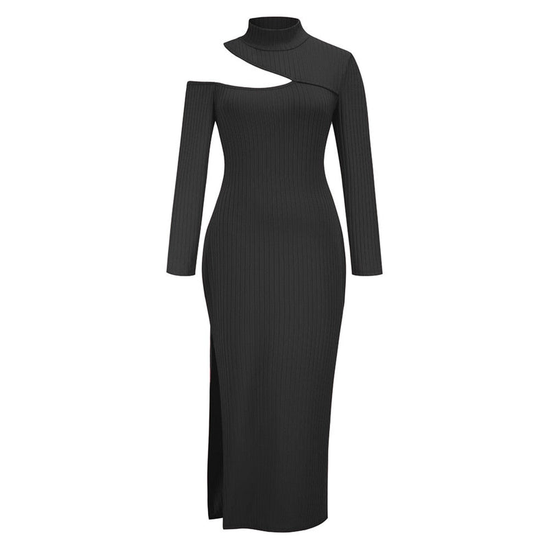 Elegant Long-Sleeve Split Dress for Women-Black-S-State of Style