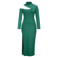 Elegant Long-Sleeve Split Dress for Women-Green-S-State of Style
