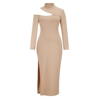Elegant Long-Sleeve Split Dress for Women-Khaki-S-State of Style
