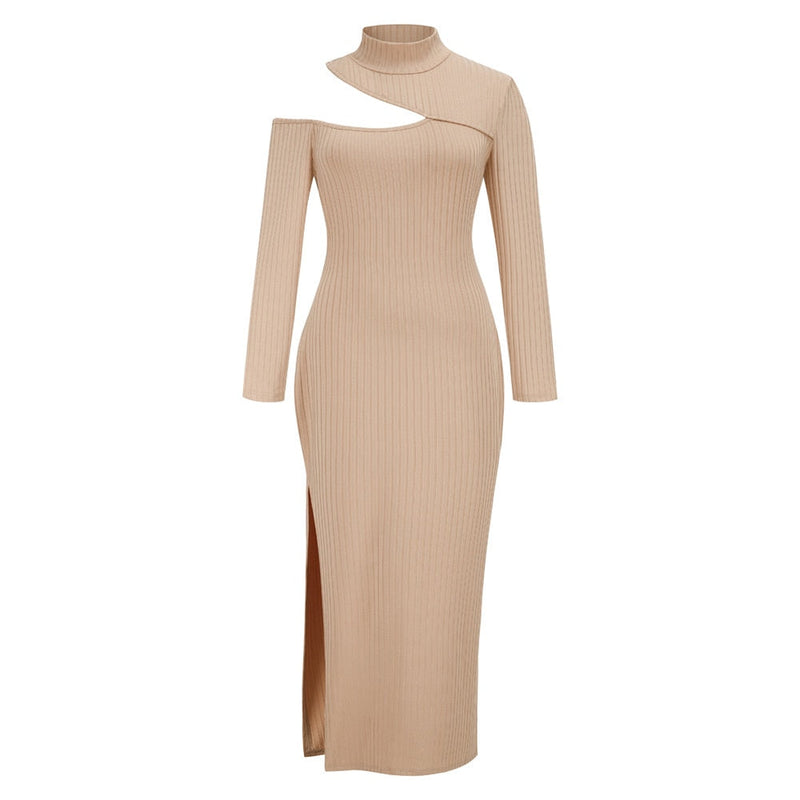 Elegant Long-Sleeve Split Dress for Women-Khaki-S-State of Style