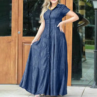 Elegant Maxi Denim Dress for Plus Sizes-Blue-S-State of Style