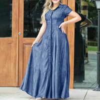 Elegant Maxi Denim Dress for Plus Sizes-Light Blue-S-State of Style