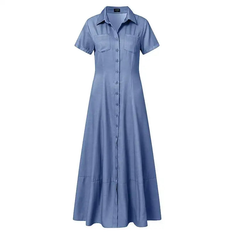 Elegant Maxi Denim Dress for Plus Sizes-Light Blue-S-State of Style