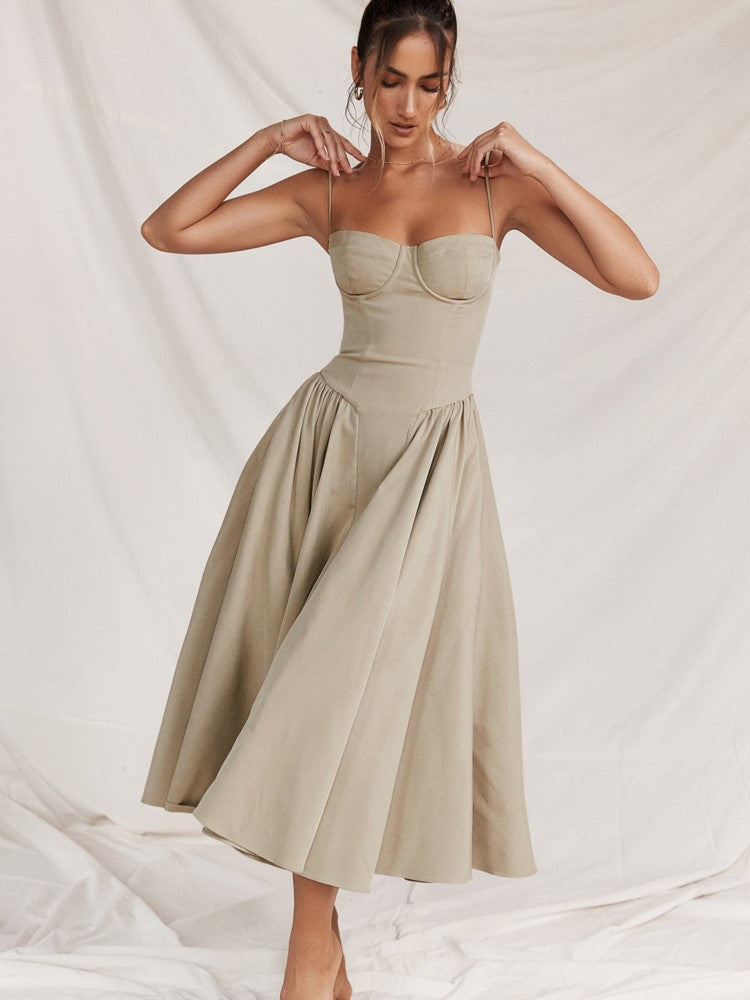 Elegant midi evening dress with pleated hem – Amara-Cream-S-State of Style
