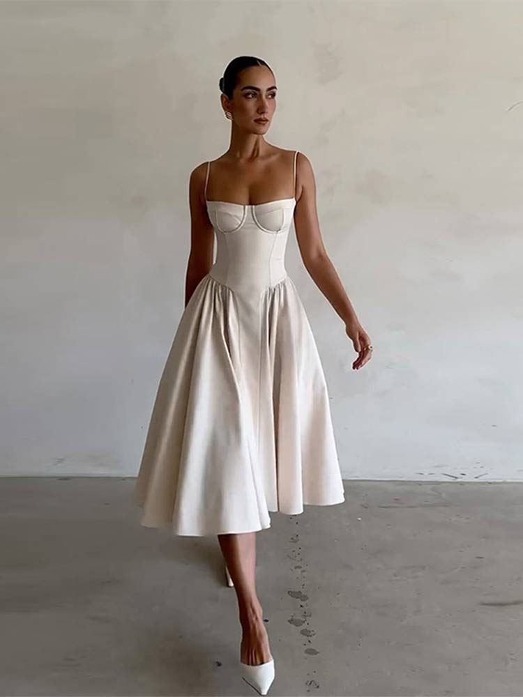 Elegant midi evening dress with pleated hem – Amara-Cream-S-State of Style