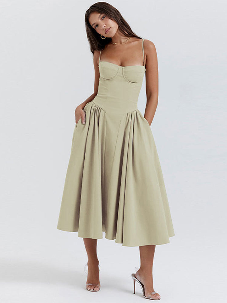 Elegant midi evening dress with pleated hem – Amara-Cream-S-State of Style