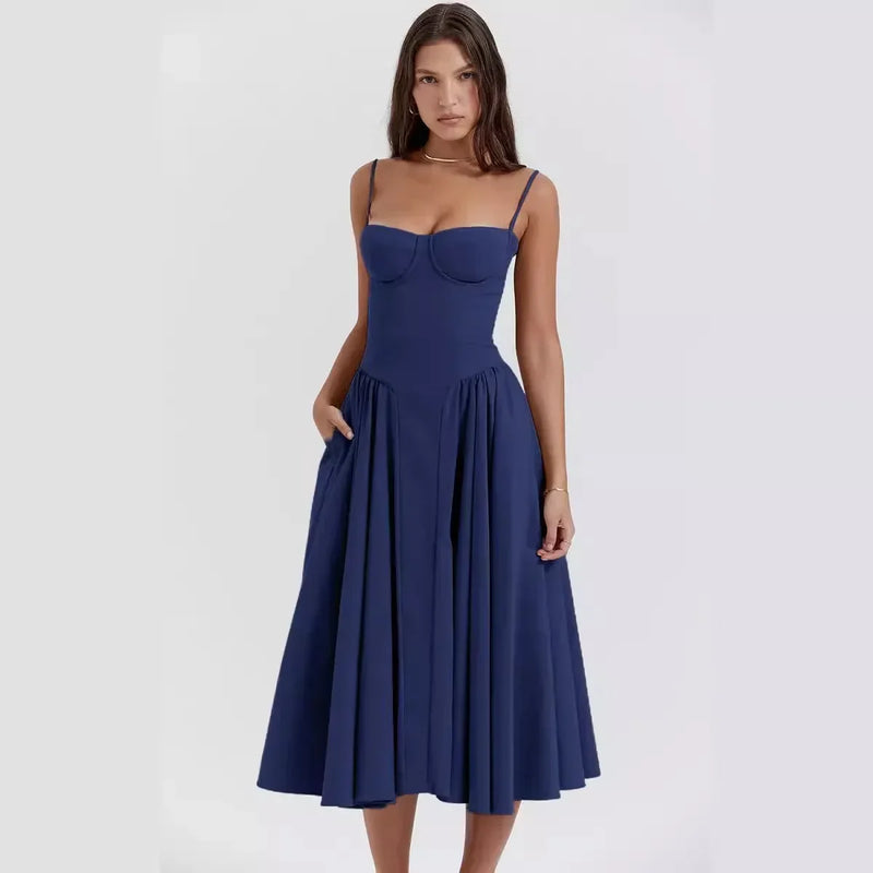 Elegant midi evening dress with pleated hem – Amara-Dark blue-S-State of Style