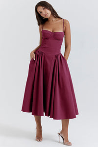 Elegant midi evening dress with pleated hem – Amara-Dark red-S-State of Style