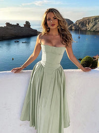 Elegant midi evening dress with pleated hem – Amara-Green-S-State of Style