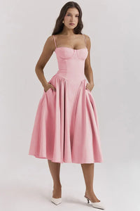 Elegant midi evening dress with pleated hem – Amara-Pink-S-State of Style
