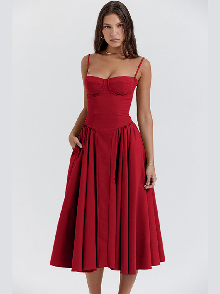 Elegant midi evening dress with pleated hem – Amara-Red-S-State of Style