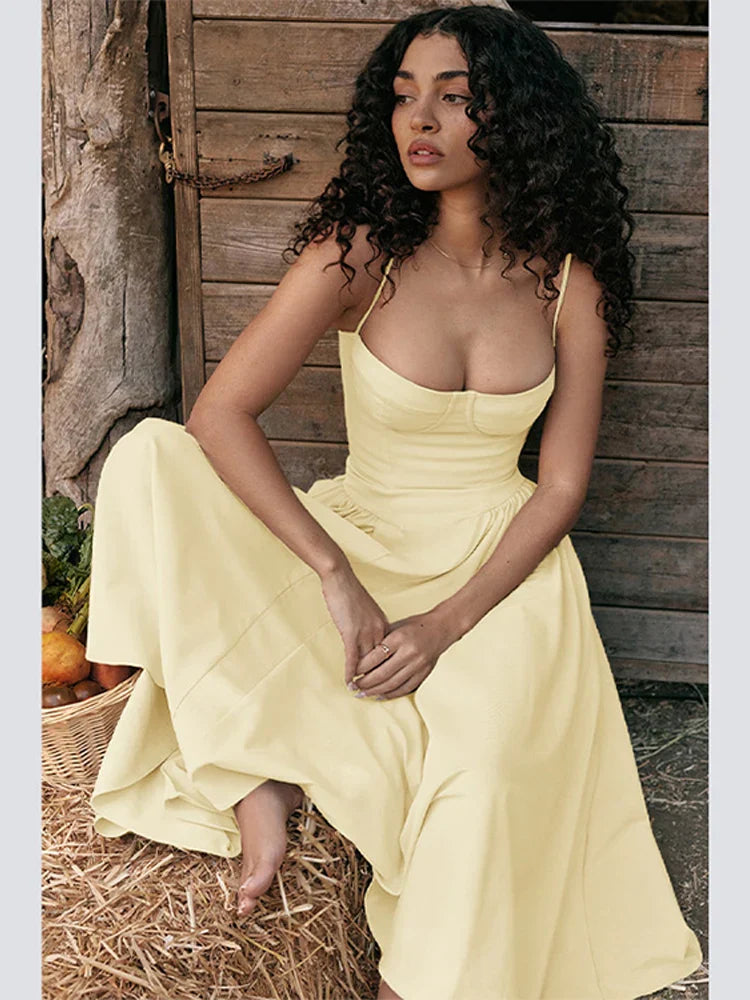 Elegant midi evening dress with pleated hem – Amara-Yellow-S-State of Style
