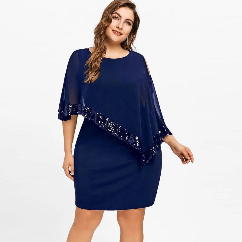 Elegant Plus-Size Dress with Split Skirt-Blue-M-State of Style