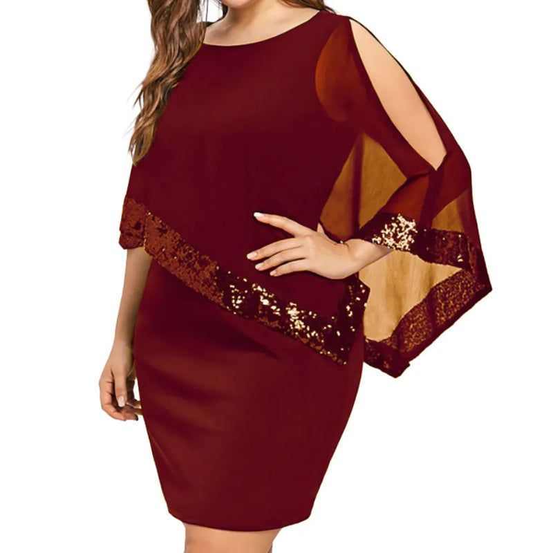 Elegant Plus-Size Dress with Split Skirt-Burgundy-S-State of Style