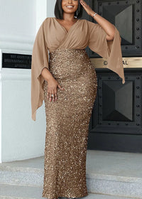 Elegant Plus-Size Midi Dress for Banquets-Khaki-L-State of Style