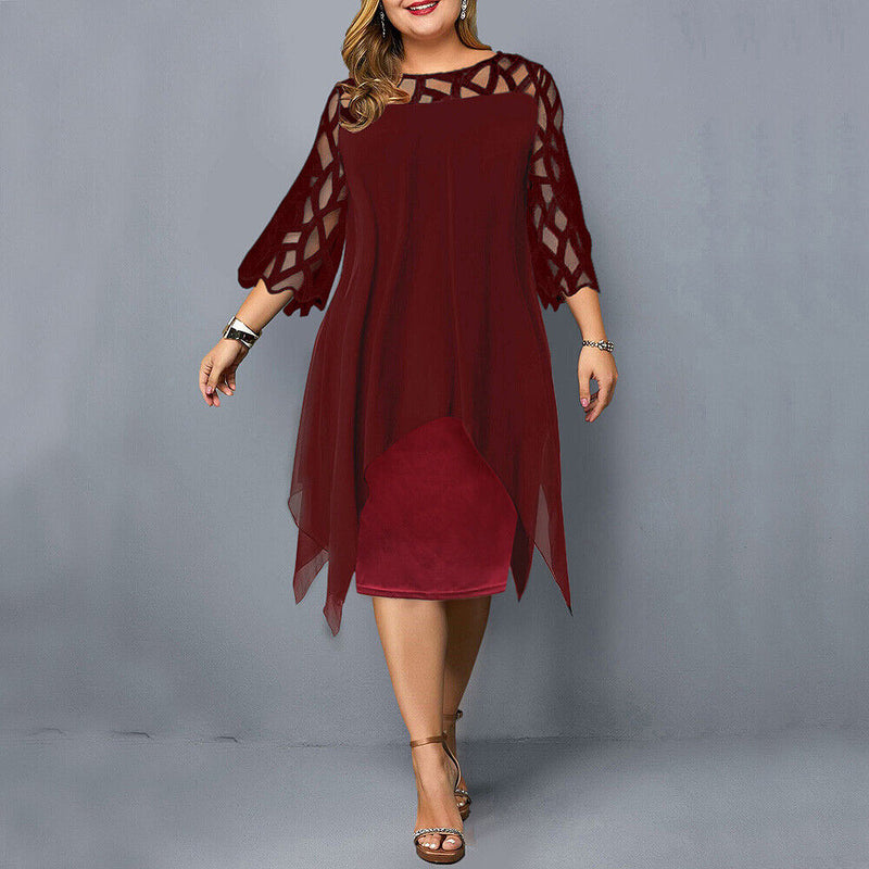 Elegant Plus-Size Midi Dress with Lace Sleeves-Burgundy-L-State of Style