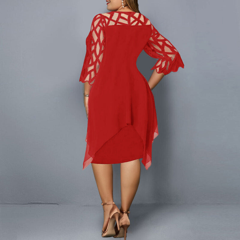 Elegant Plus-Size Midi Dress with Lace Sleeves-Deep Blue-L-State of Style