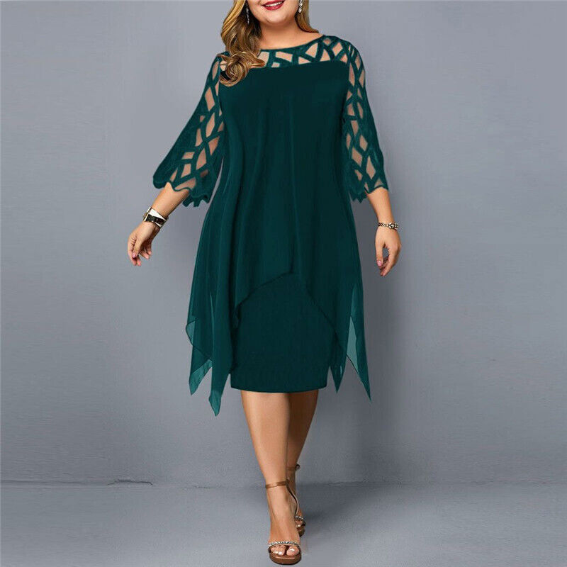 Elegant Plus-Size Midi Dress with Lace Sleeves-Green-L-State of Style