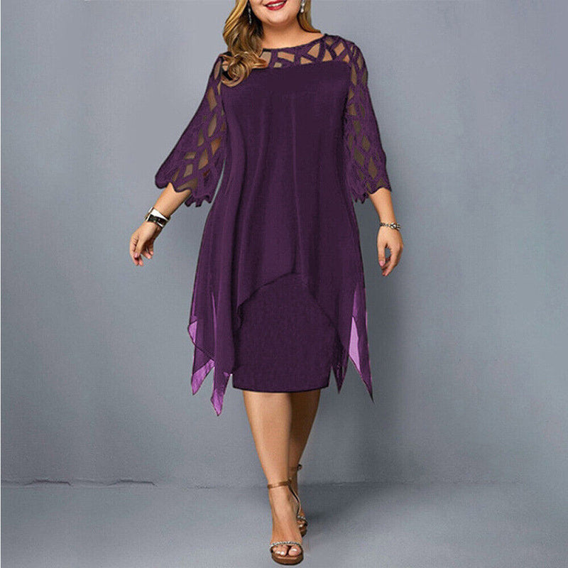 Elegant Plus-Size Midi Dress with Lace Sleeves-Purple-L-State of Style