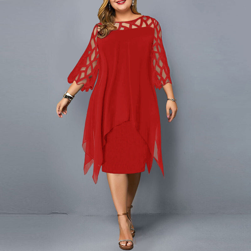 Elegant Plus-Size Midi Dress with Lace Sleeves-Red-L-State of Style