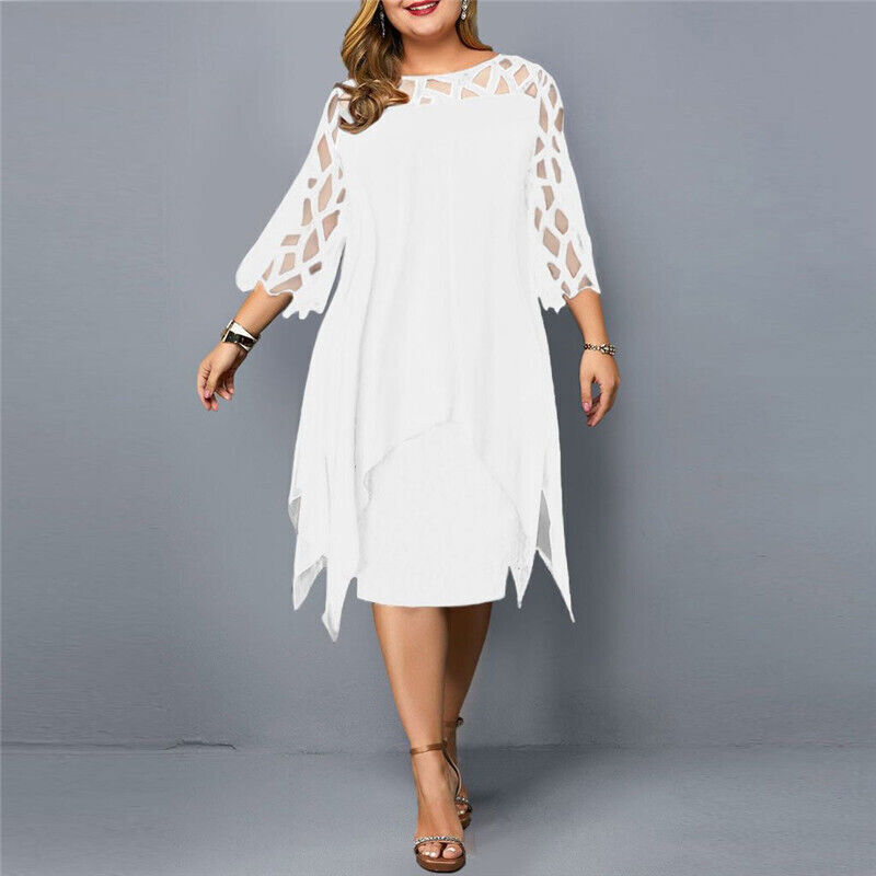 Elegant Plus-Size Midi Dress with Lace Sleeves-White-L-State of Style