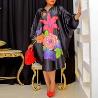 Elegant Plus Size Summer Dress with Batwing Sleeves & Floral Print-Black-2XL-State of Style