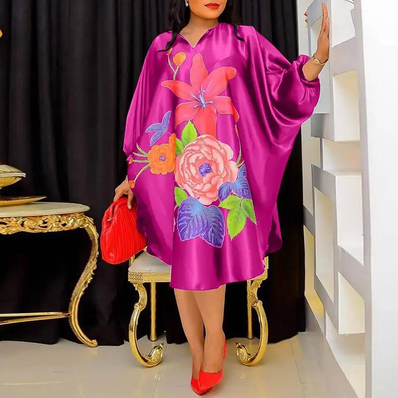 Elegant Plus Size Summer Dress with Batwing Sleeves & Floral Print-Rose-2XL-State of Style