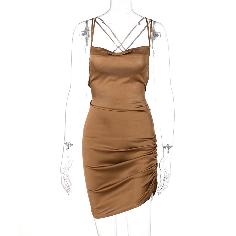 Elegant Satin Mini Dress-Brown-S-State of Style