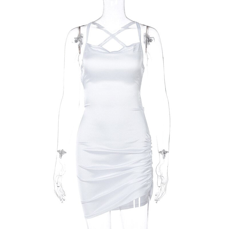 Elegant Satin Mini Dress-White-S-State of Style