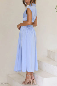 Elegant summer midi dress with roll neck and waist cut-out – Avelina-Black-S-State of Style