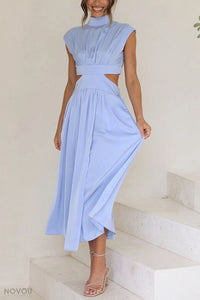Elegant summer midi dress with roll neck and waist cut-out – Avelina-Black-S-State of Style