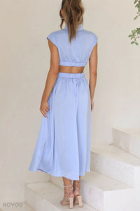 Elegant summer midi dress with roll neck and waist cut-out – Avelina-Black-S-State of Style